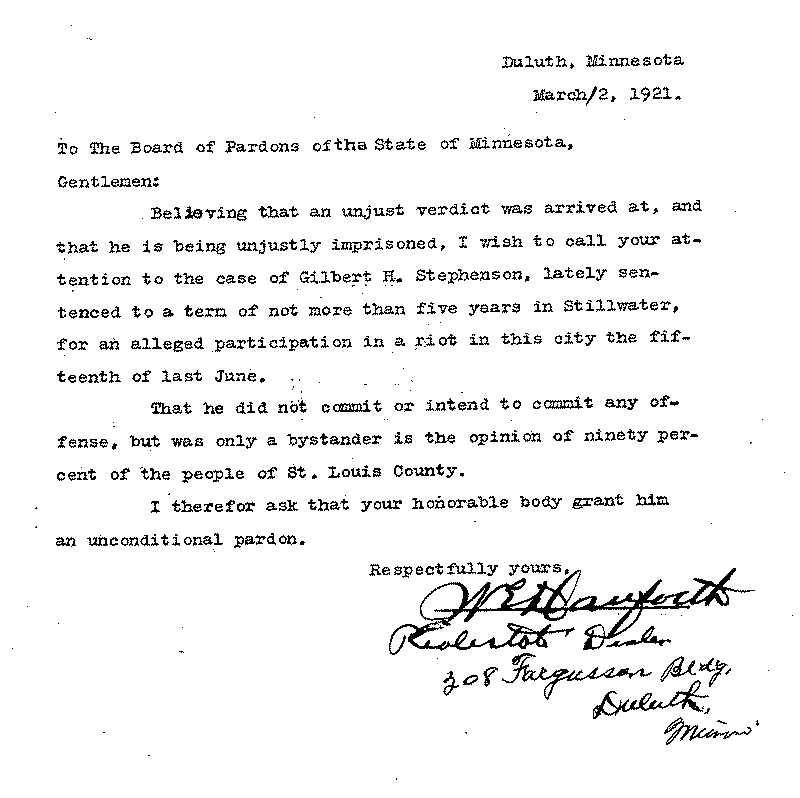 Gilbert Henry Stephenson. Application No. 5151.  Letter from W. E. Danforth to Board of Pardons, March 12, 1921.