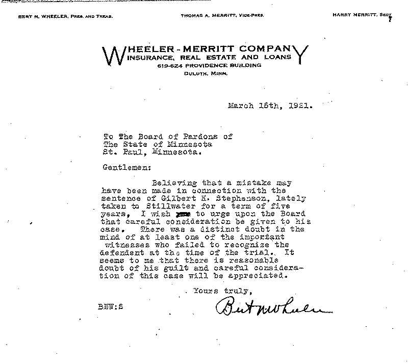Gilbert Henry Stephenson. Application No. 5151.  Letter from Bert N. Wheeler to Board of Pardons, March 15, 1921.