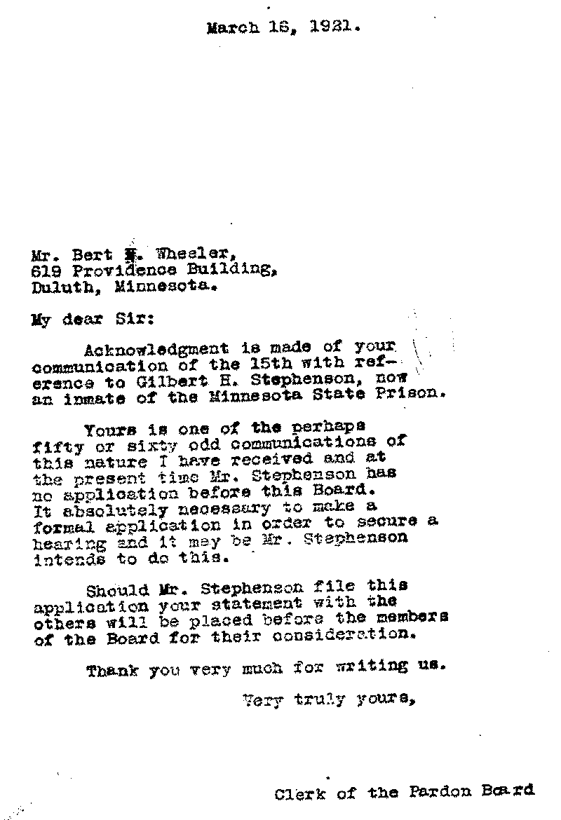 Gilbert Henry Stephenson. Application No. 5151.  Letter from Clerk of the Pardon Board to Bert N. Wheeler, March 16, 1921.