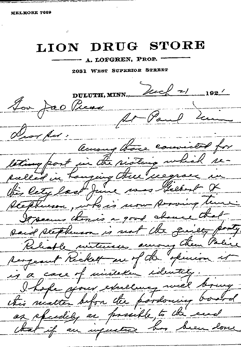 Gilbert Henry Stephenson. Application No. 5151. Letter from A. Lofgren to J. A. O. Preus, March 21, 1921.--Correspondence (gif)