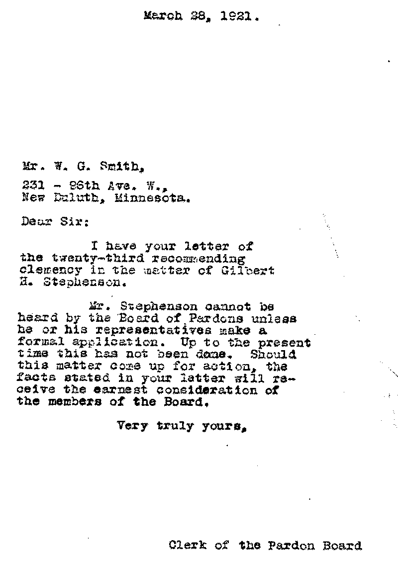 Gilbert Henry Stephenson. Application No. 5151.  Letter from Clerk of the Pardon Board to W. G. Smith, March 28, 1921.