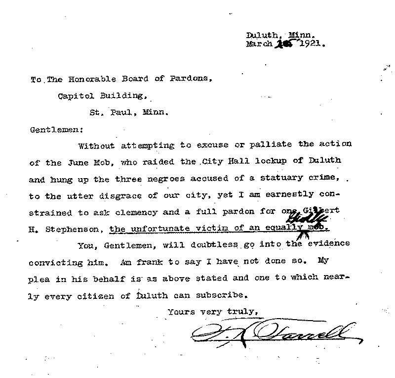 Gilbert Henry Stephenson. Application No. 5151.  Letter from F. K. Farrell to Board of Pardons, March 25, 1921.