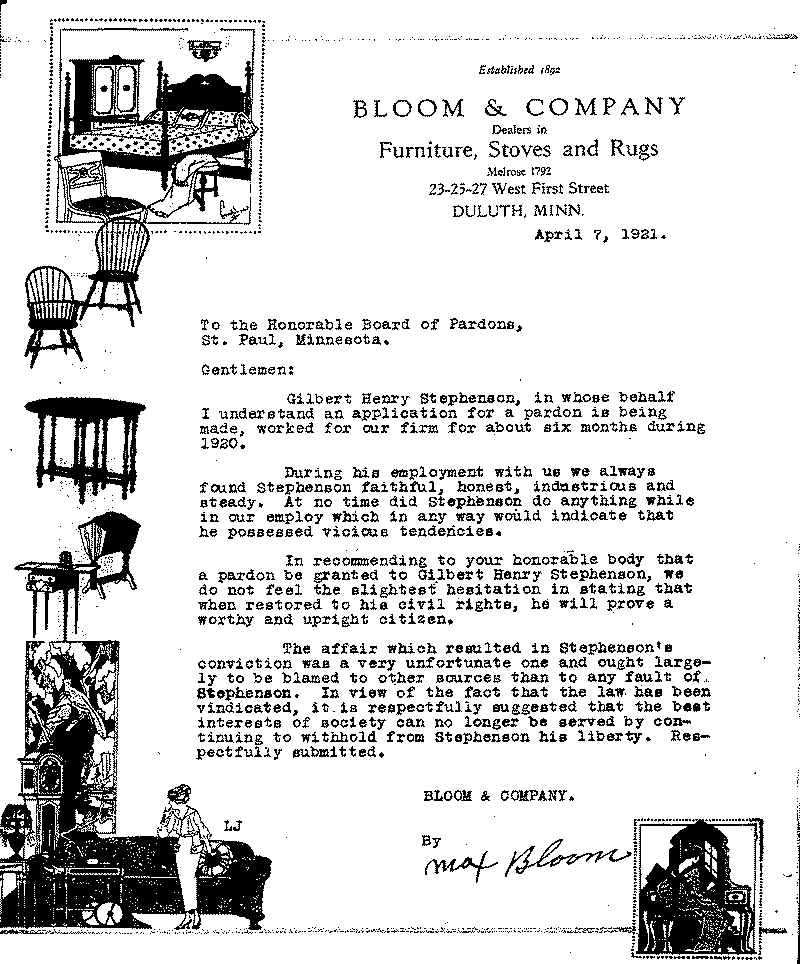 Gilbert Henry Stephenson. Application No. 5151.  Letter from Max Bloom to Board of Pardons, April 7, 1921.