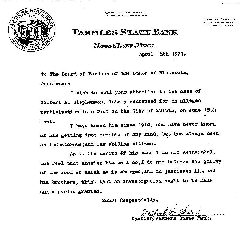 Gilbert Henry Stephenson. Application No. 5151.  Letter from Wolfred Westholm to Board of Pardons, April 8, 1921.