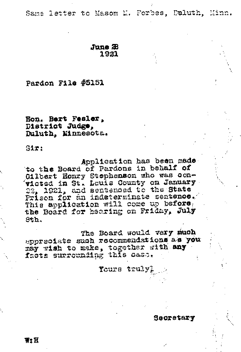 Gilbert Henry Stephenson. Application No. 5151.  Letter from Secretary of the Pardon Board to Bert Fesler, June 28, 1921.