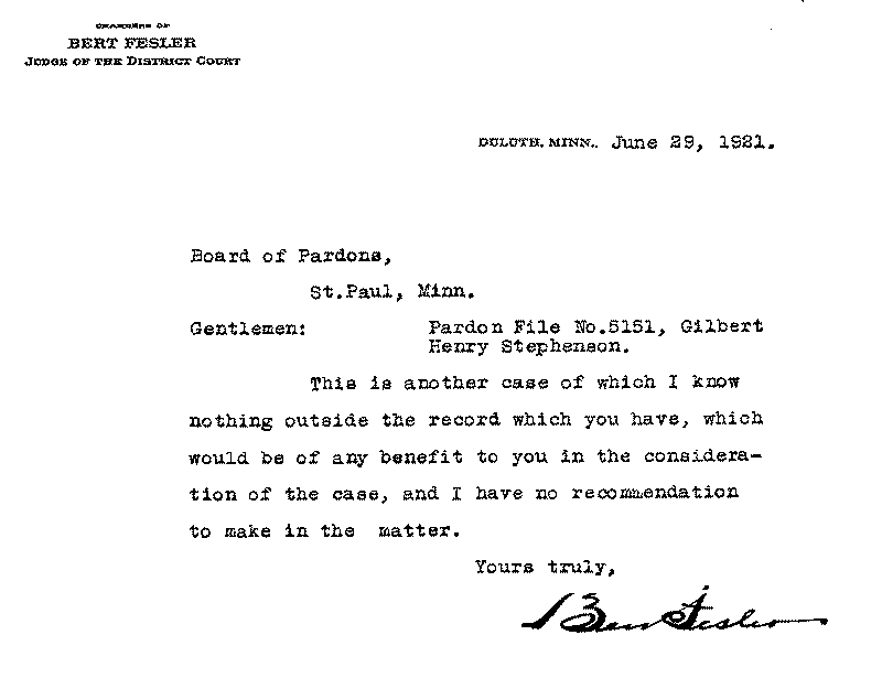 Gilbert Henry Stephenson. Application No. 5151.  Letter from Bert Fesler to Board of Pardons, June 29, 1921.