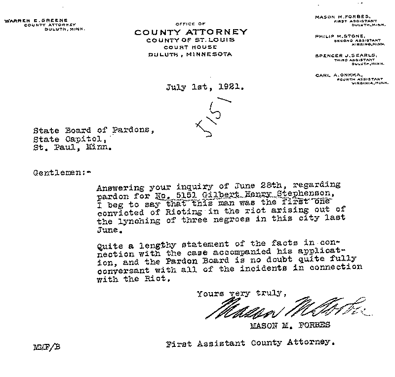 Gilbert Henry Stephenson. Application No. 5151.  Letter from Mason M. Forbes to Board of Pardons, July 1, 1921.