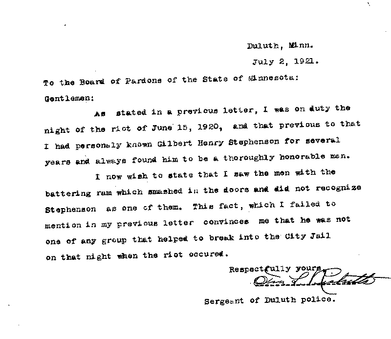 Gilbert Henry Stephenson. Application No. 5151.  Letter from Ira L. Ricketts to Board of Pardons, July 2, 1921.