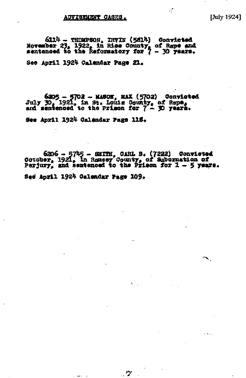 Max Mason. Application No. 6205. April 1924. July 1924. October 1924.--Gov&#039;t Record(s)--Pardon Calendar (gif)