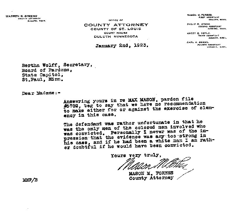 Max Mason. Application No. 5702.   Letter from Mason M. Forbes to Secretary of the Board of Pardons, January 2, 1923.