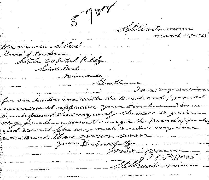 Max Mason. Application No. 5702.   Letter from Max Mason to Board of Pardons, March 18, 1923.