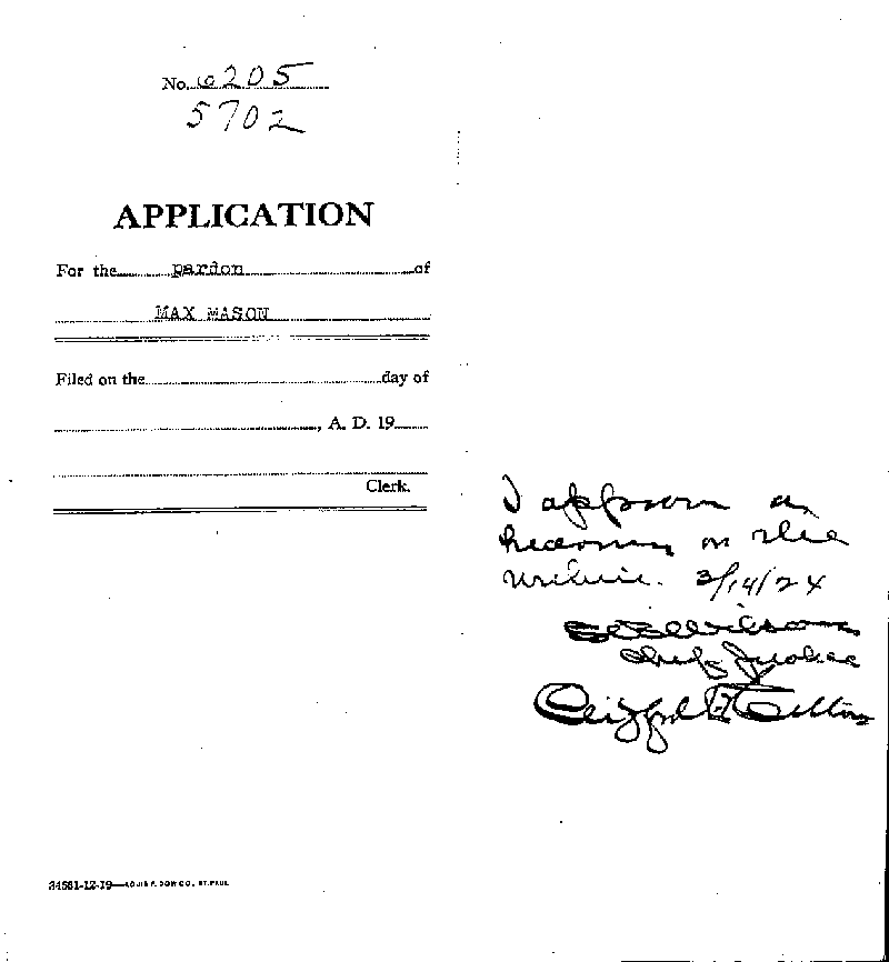 Max Mason. Application No. 6205. 1922-1924.--Gov&#039;t Record(s)--Pardon Application (gif)