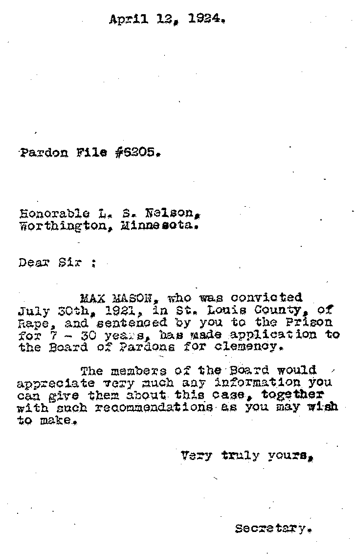 Max Mason. Application No. 6205.  Letter from the State Board of Pardons to L. S. Nelson, April 12, 1924.