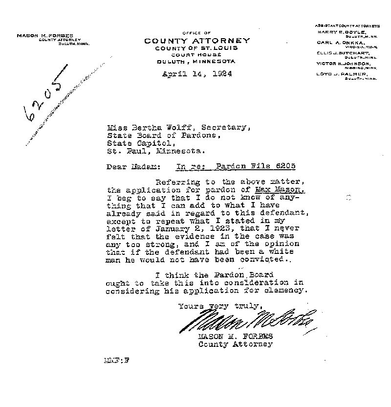 Max Mason. Application No. 6205.  Letter from Mason M. Forbes to the Secretary of the Board of Pardons, April 14, 1924.