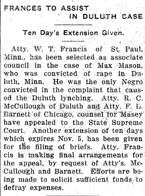 Frances [sic] To Assist In Duluth Case.