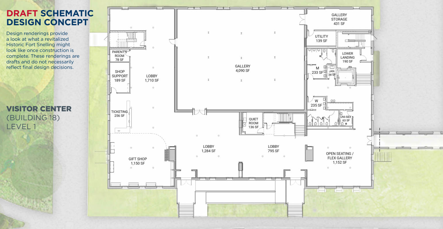 Concept drawing of first floor of Historic Fort Snelling visitor center.