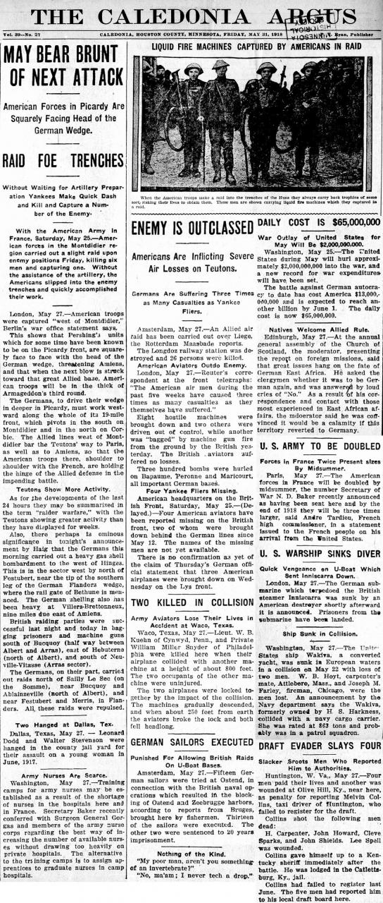 "Liquid Fire Machines Captured by Americans in Raid" and "May Bear