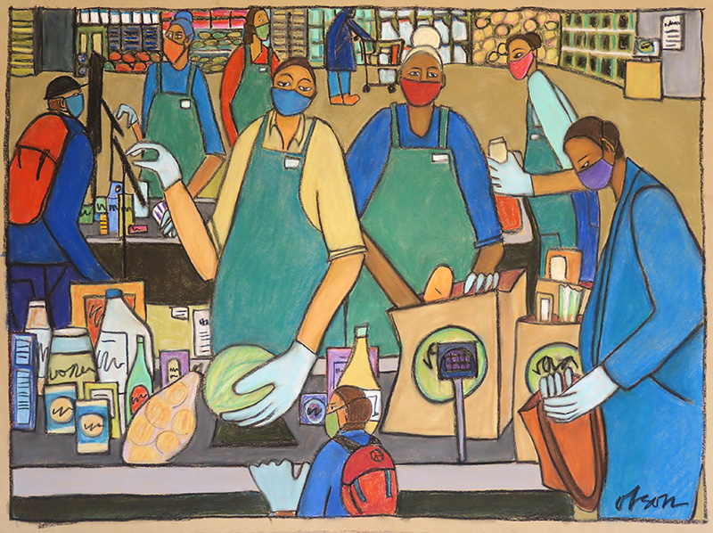 Painting of grocery store workers.