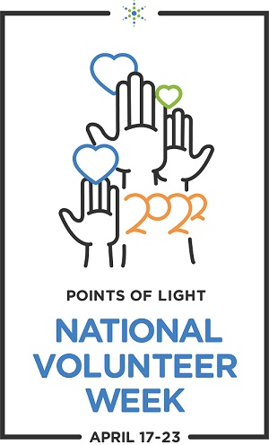 Points of Light image for National Volunteer Week April 17 - 23, 2022. Image of hands and hearts.