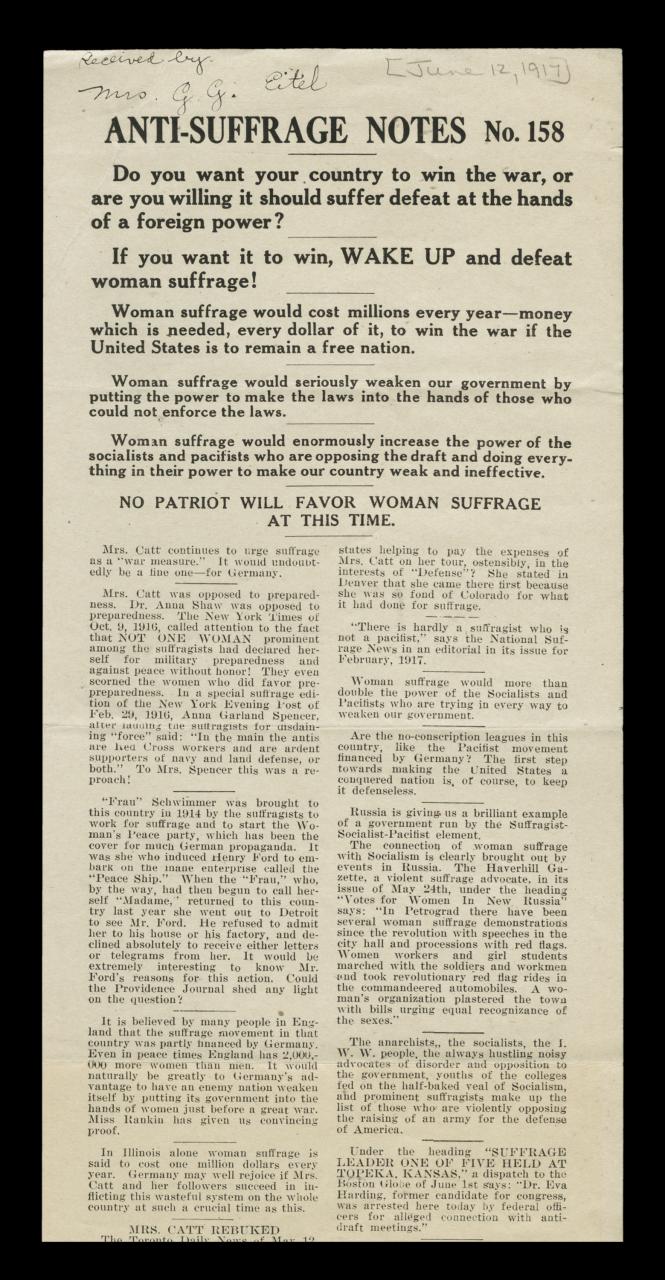 Anti-Suffrage Notes - June 12, 1917 | Minnesota Historical Society