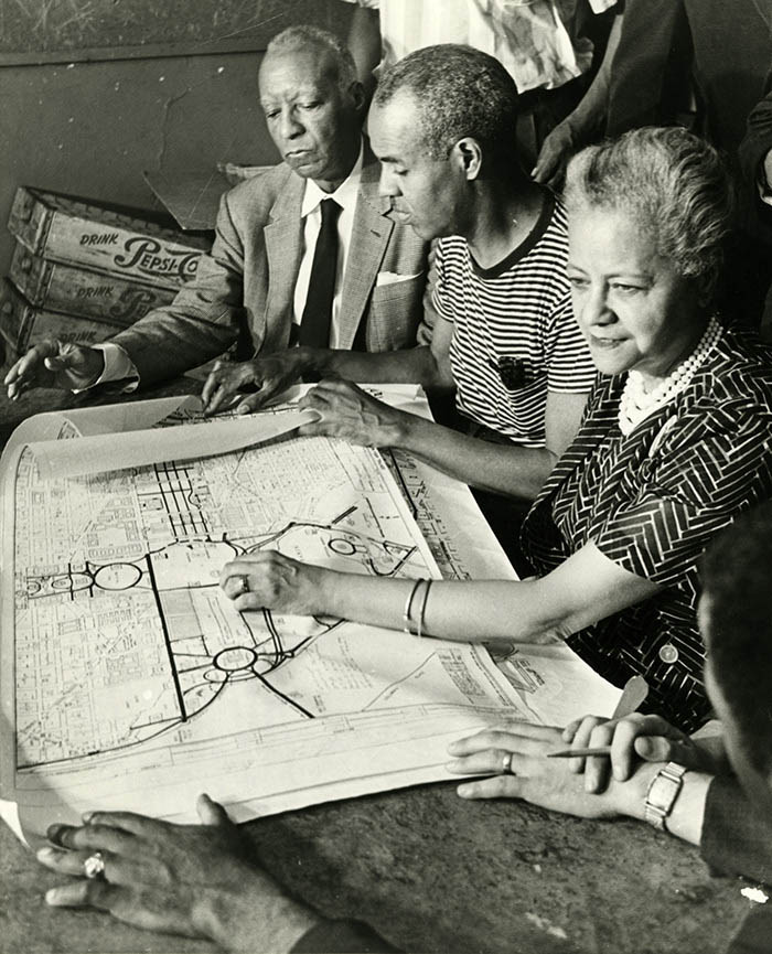 A Philip Randolph, Roy Wilkins, and Anna Arnold Hedgeman planning the 1963 March on Washington, about 1963.
