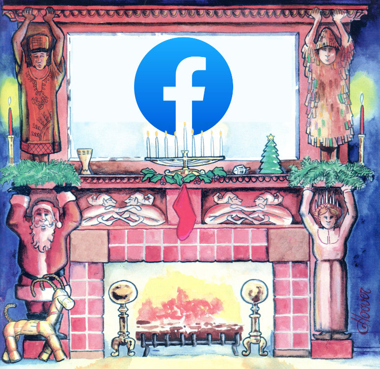 Watercolor of a fireplace with holiday icons built in and around it. A person in Kwanzaa hat and garment and a mummer are acting as architectural columns holding up lintel above mirror. Santa Claus and St. Lucia act as architectural columns holding up mantal above the fireplace. On the fireplace mantel is a Kwanzaa cup, a Menorah a Dreidel, a Christmas Tree. In front of the fireplace to the left is a Yule goat. A red stocking hangs off the fireplace mantel in the center.