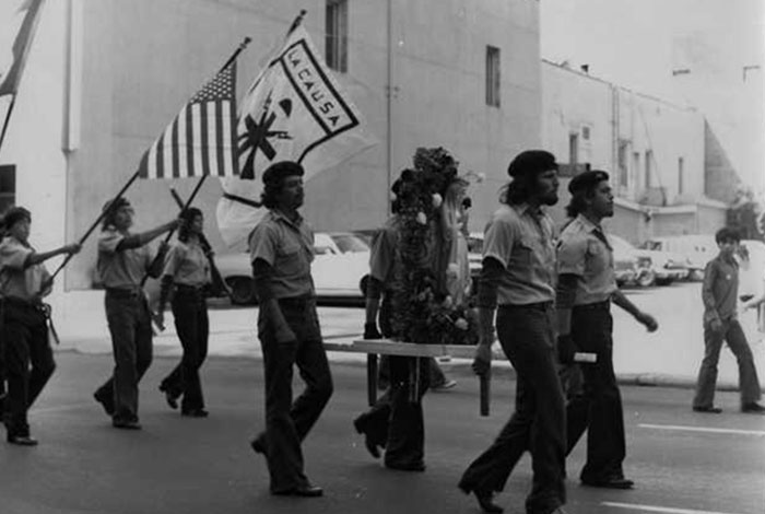 Brown Berets marching in a Mexican Celebration Parade, St. Paul, 1972.