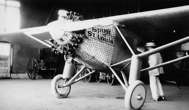 The Spirit of St. Louis in hangar.