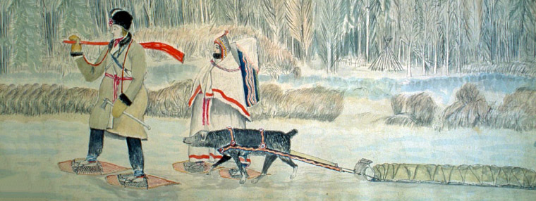 Painting of fur traders walking.