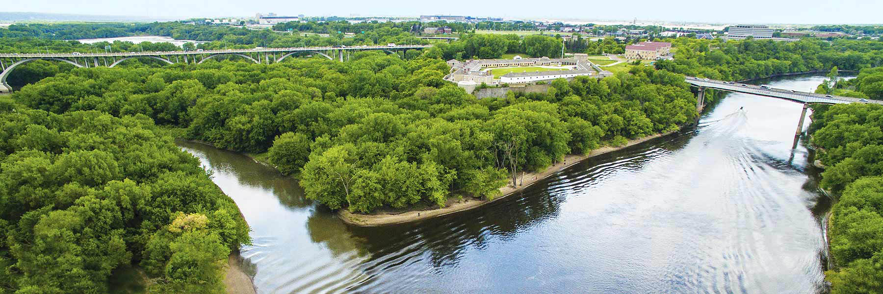 Aerial image of Fort Snelling at Bdote in summer