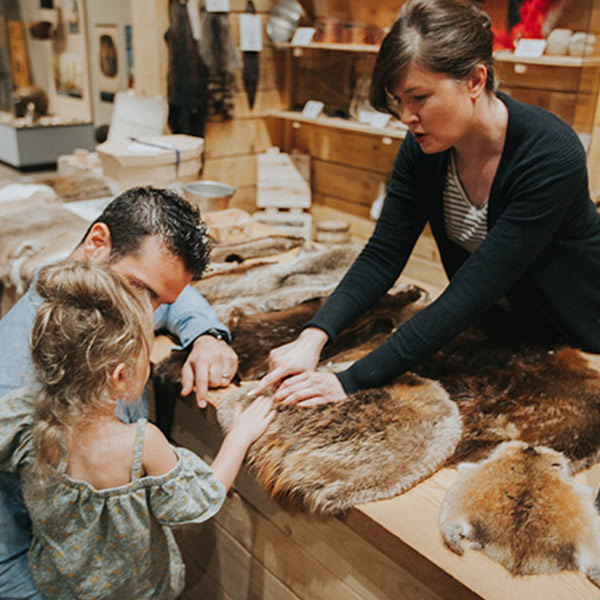 A little girl, her father and the museum manager touch a pelt.