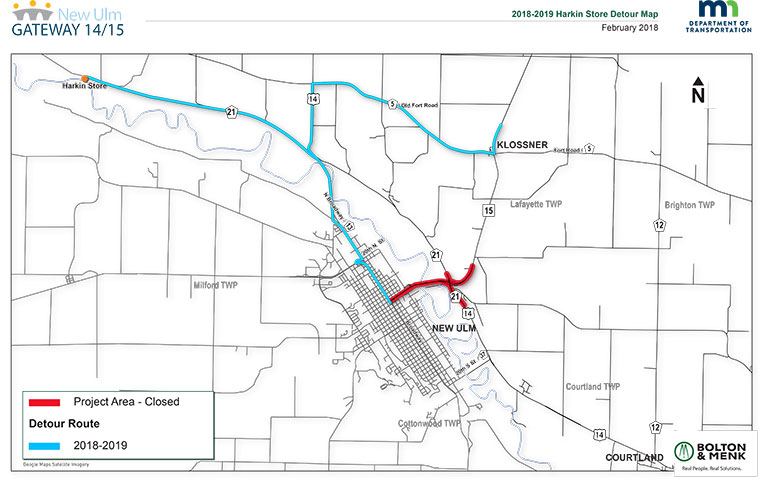 Project area of highway 14/15 intersection and nearby routes are in red, while detour route of highway 14/13, 14/5, and 14/21 intersections and nearby routes are in blue. 