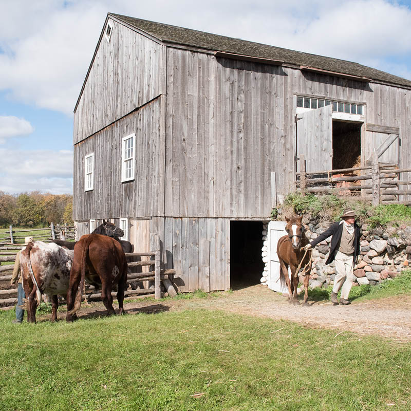 Two farmers with animals near an open barn door
