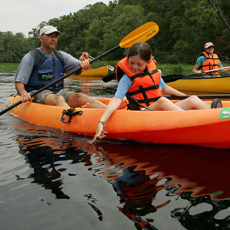 A small group of people kayaking on a river.