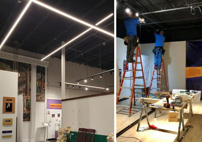 Composite image of two photos. Left shows lights installed in gallery. Right showing lights being installed by workers.