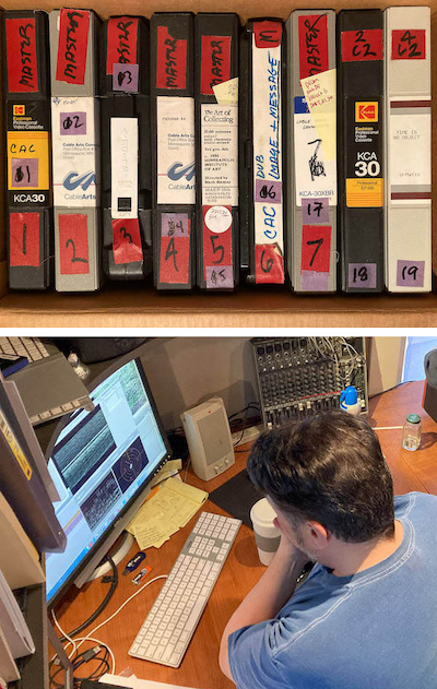Composite of two photos. Top: Tapes in original boxes Bottom: Capture workstation.