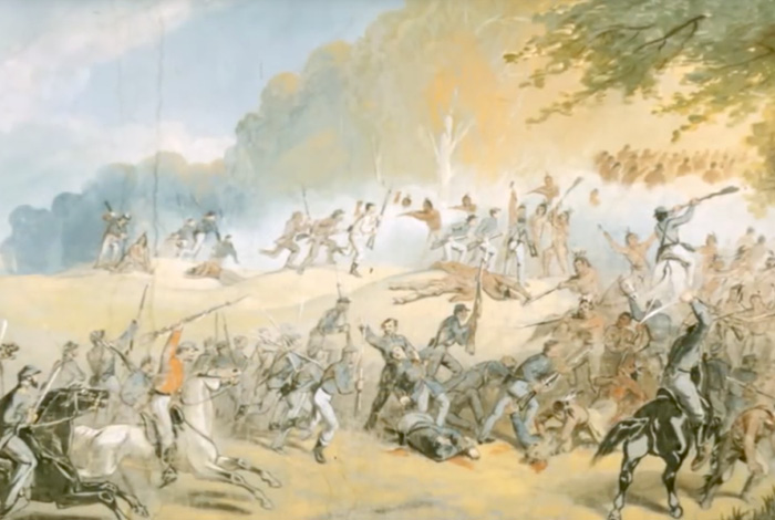 A painting of a war in which soldiers are on horses and fighting with guns.