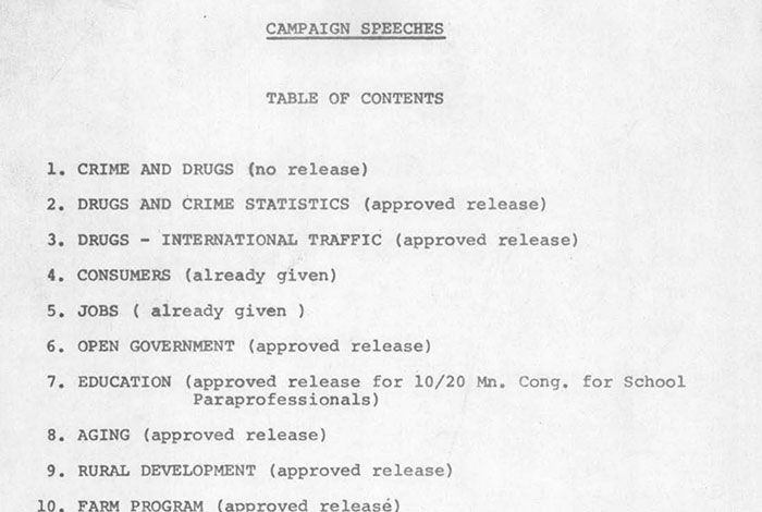 Mondale Campaign Speeches Table of Contents.