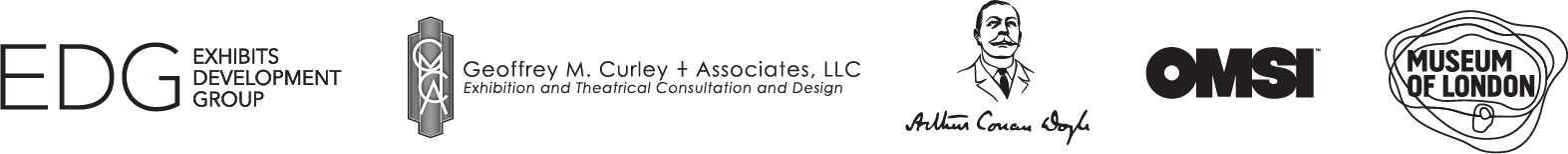 Collaborator logos: Exhibits Development Group, Geoffrey M. Curley and Associates, LLC, Arthur Conan Doyle, OMSI, and Museum of London