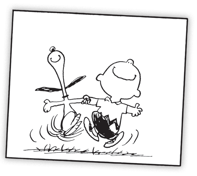 Snoopy and Charlie Brown dancing.