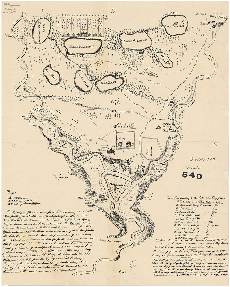 Map of the Fort Snelling area drawn by Indian agent Lawrence Taliaferro, 1845