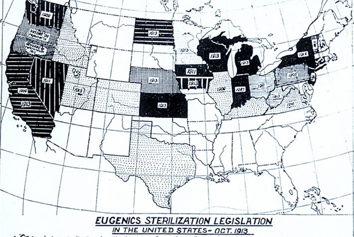 Eugenics legislation map in the United States.