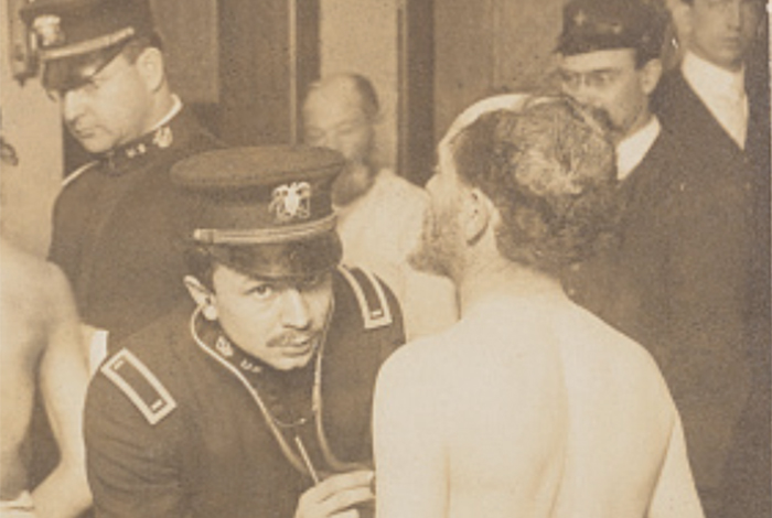 Physicians examining a group of Jewish immigrants