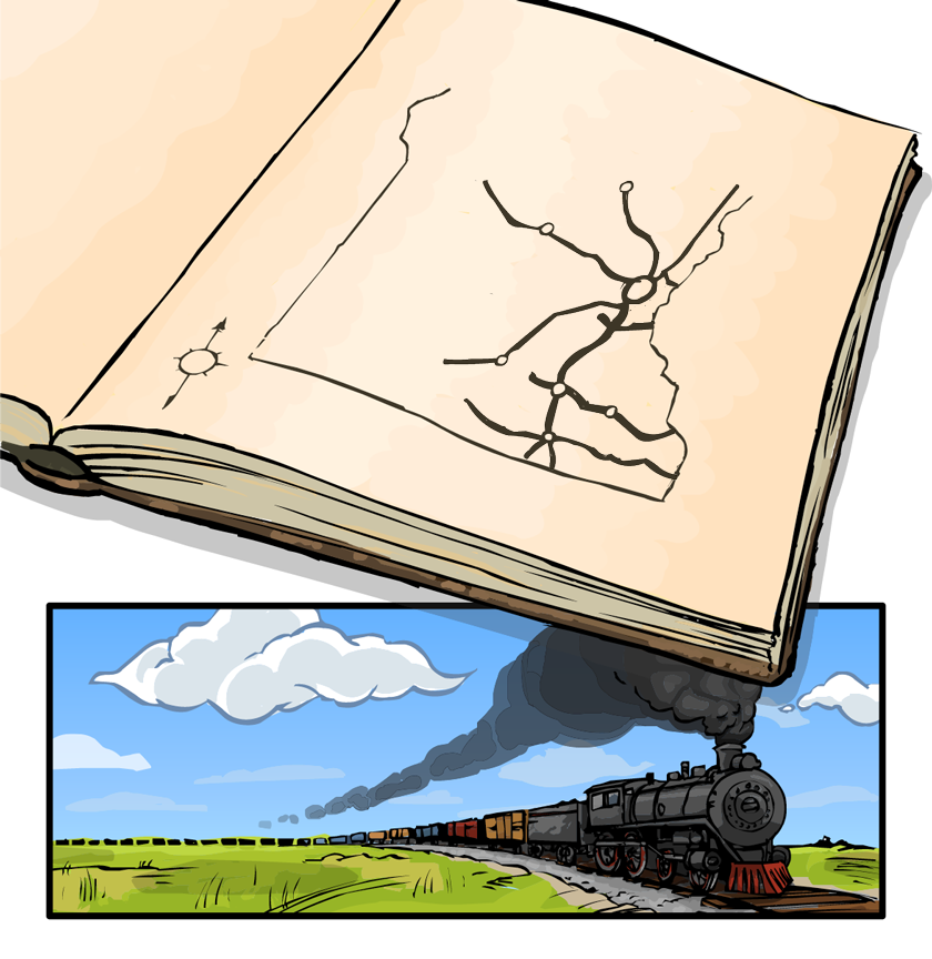 In his notebook, E.V. has sketched a map showing the expansion of railroads and the growth of towns.