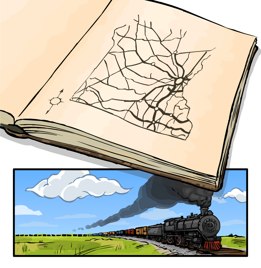 In his notebook, E.V. has sketched a map showing the expansion of railroads and the growth of towns.