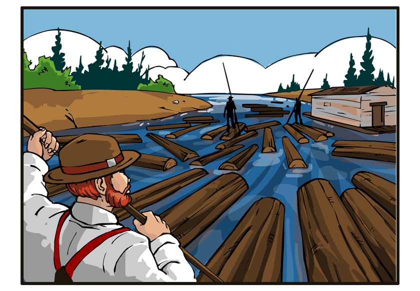 A view of the logs on the river, rivermen riding them, with a floating house called a "wanigan" near the shore.