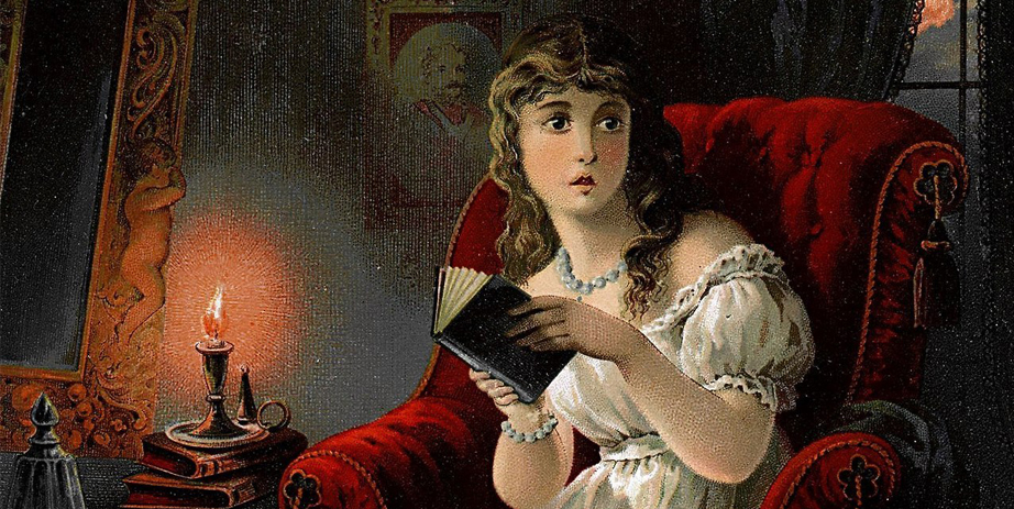 art of a Victorian woman looking scared while reading by candlelight