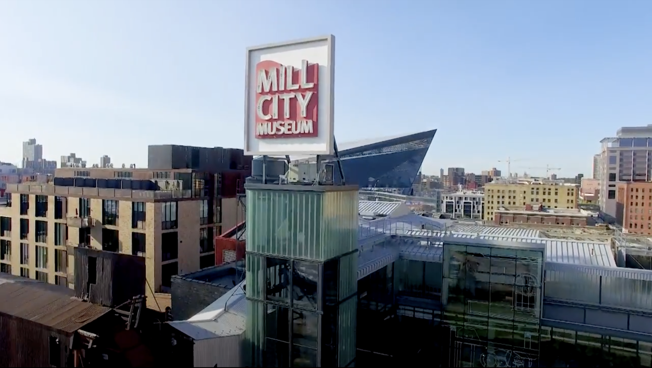 Aerial still of Mill City Museum.