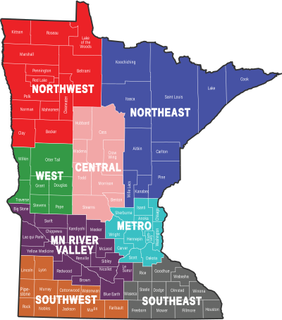 Map of Minnesota with counties divided into eight regions