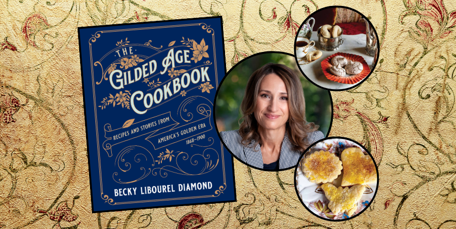 Book cover, author, and fancy treats on a tapestry backdrop